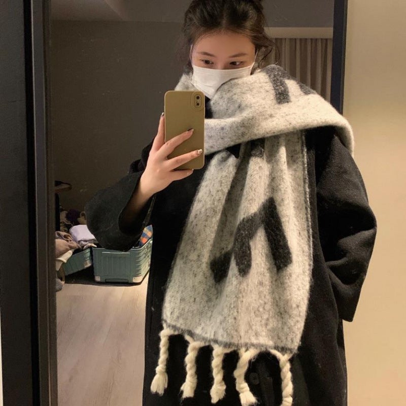 Chessboard Plaid Scarf Mohair Women'S Imitation Cashmere High-End Winter Soft Waxy Warm Tassel Shawl Neck Fashion - Image 1